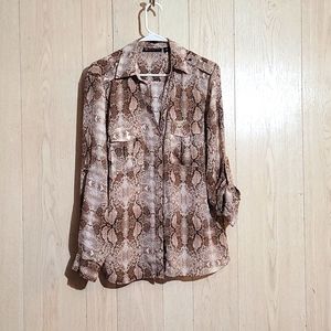 Used Blouse with brown/cream snake skin print. New York and Company brand, XL